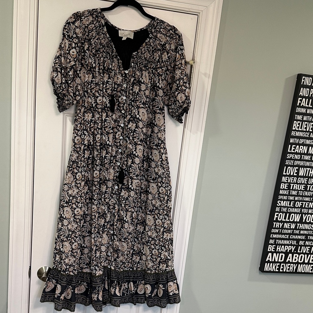 Cleobella Black and Cream Floral Midi Dress